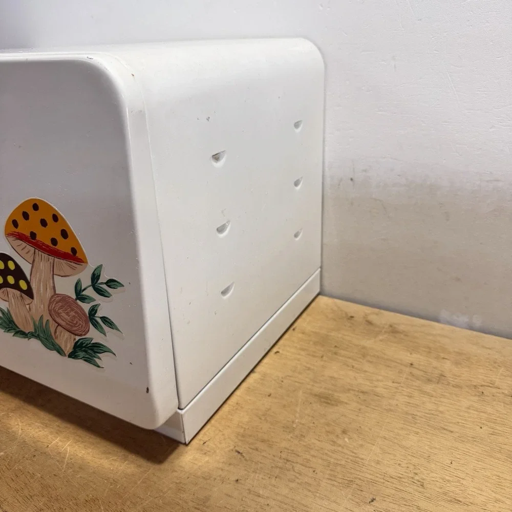 Vintage EKCO Mid Century Merry Mushroom Metal Kitchen Bread Box MCM 70s Cream